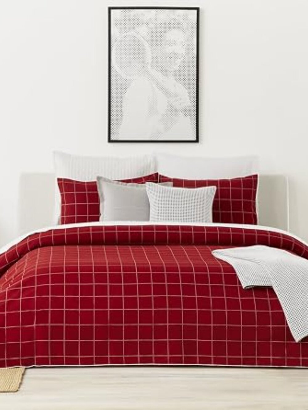 Lacoste "Leste" Chili Pepper King Comforter Set (3-Piece, Red Grid Pattern)
